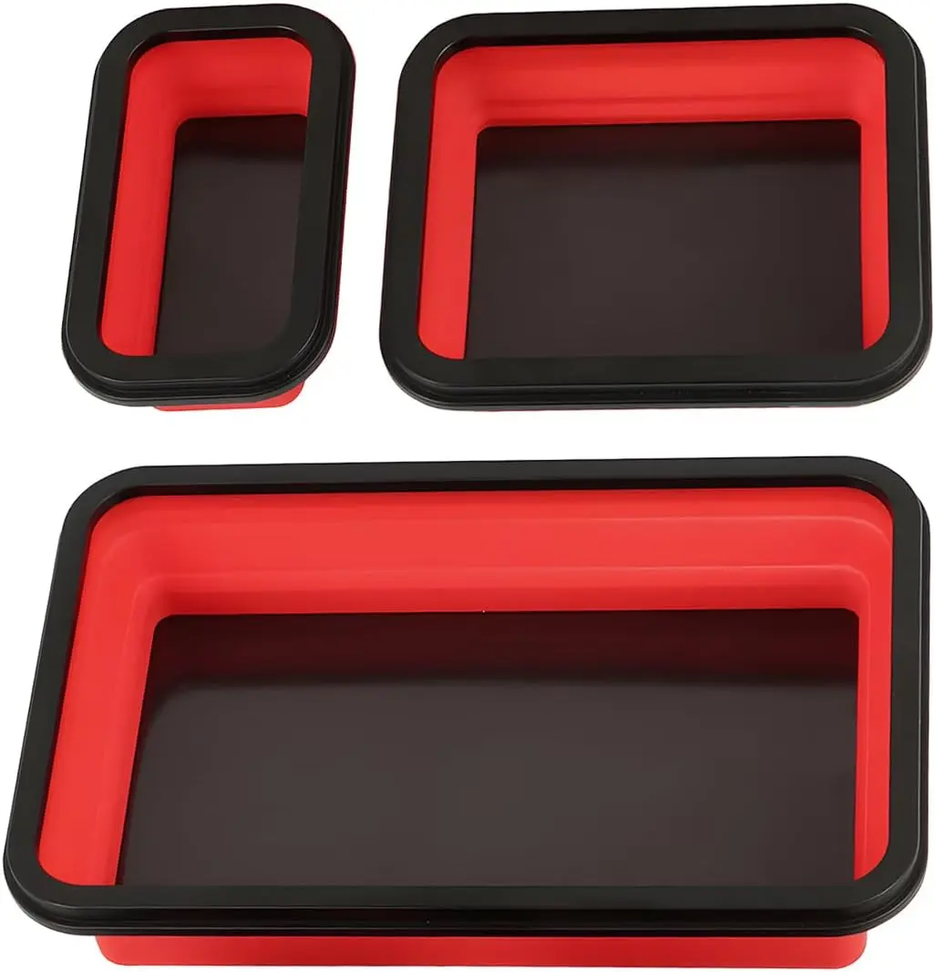3-Piece Foldable Magnetic Parts Tray Set - Rectangular Silicone Tool Trays with 3 Different Sizes for Securing Hardware Components, Screws, Bolts, Nuts, Washers, Rivets (Red)