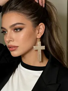 1 pair of gold imitation crystal cross pendant earrings, light up your nightlife style, exaggerated personalized jewelry, suitable for dinner parties, Statement Earrings