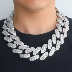 M2-2138 Ultra Wide Baguette Cut Cuban Link Chain Necklace Heavy Iced Out Choker for Men Streetwear Jewelry Bold Statement Piece