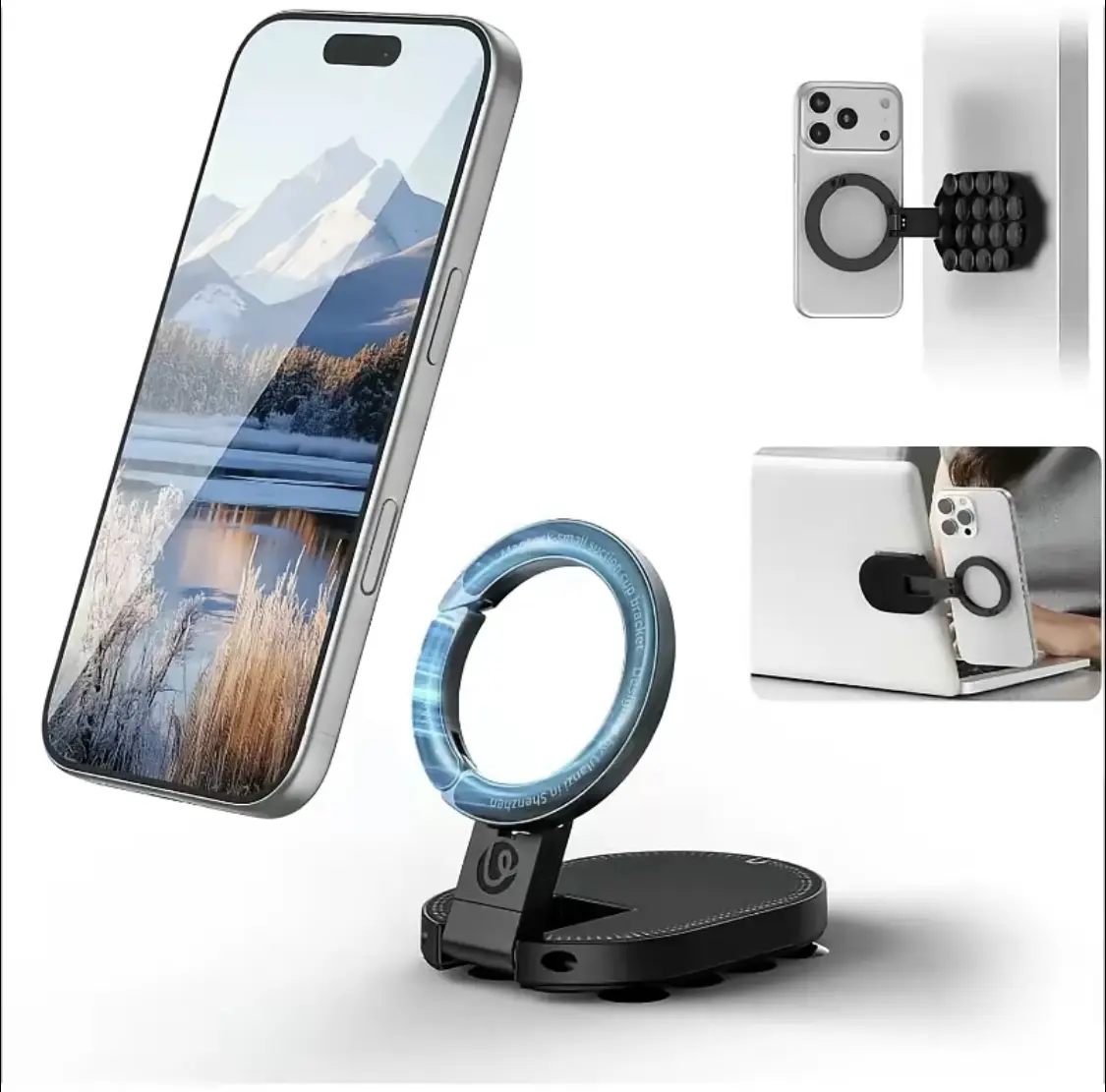 3-in-1 Magnetic Phone Mount & Mini Tripod for iPhone, Suction Cup Stand with Carabiner for Gym & Mirror