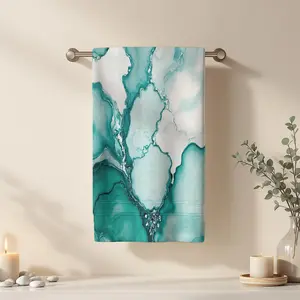 1Pc Abstract Fluid Art with Teal and White Shades Bathroom Hand Towel Bath Towel, Multiple Size Microfiber Towel, Ultra-Soft Quick Dry and Absorbent Polyester Large Bath Towel, Unique Home Decorative Kitchen Towels
