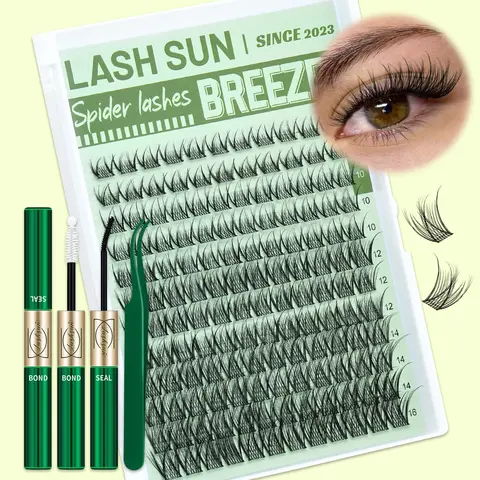Lashsun Spider Breeze Lash Clusters Kit, Eyelashes Clusters Extensions, Wispy Natural D Curl 8-16mm Individual Lash Extensions with Invisible Band, DIY at Home, Includes Bond & Seal and Tweezers