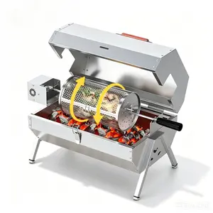 Portable Stainless Steel Rotisserie Charcoal Grill, 360° Automatic Rotating BBQ Roaster with Skewer Cage & Chicken Fork, Battery Powered Mini Grill for Outdoor Camping Backyard Picnic