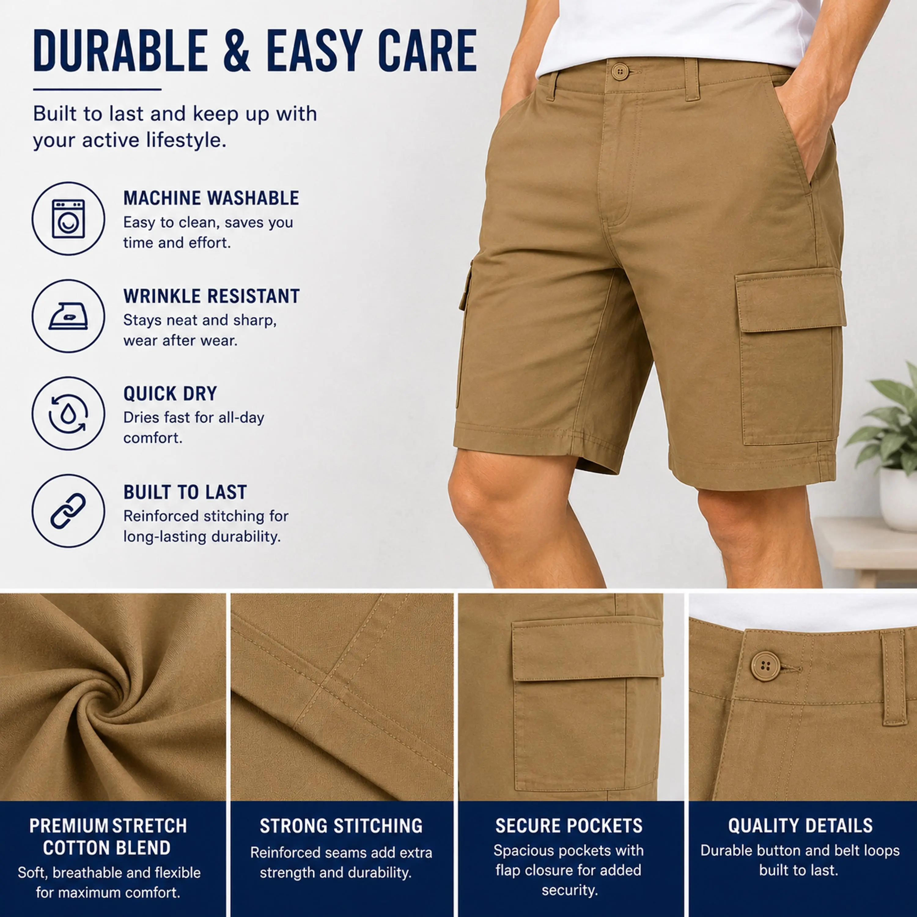 Mens 3-Pack Super Stretch Cargo Shorts with Button Closure and Zipper Pockets (Sizes: 30-42)