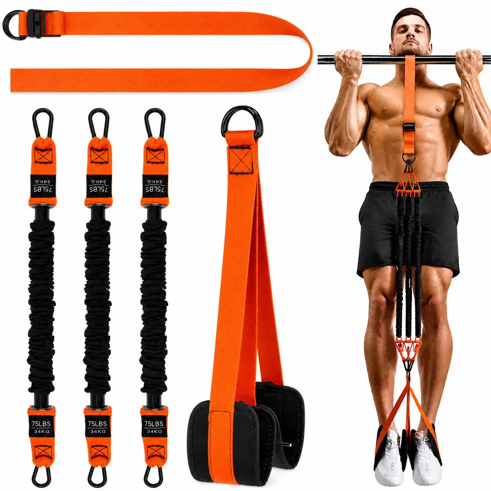 Anti-Snap Pull Up Assistance Bands with 1ft Support Pedal, 2 Sponge Hanging Slings, 3 Elastic Resistance Bands, 75Lbs Resistance, Measured Strap, Adjustable Weight/Height, Beginner Friendly for Home Gym Customized Workouts