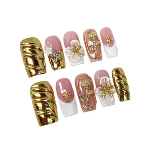 Hailey's Square Shape Golden & White French Tips Luxury Acrylic Handmade Press On Nails with Floral Design
