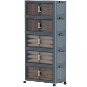 5 Tier Folding Storage Containers with Wheels, Stackable Collapsible Plastic Bins, Durable Organizer for Kitchen Pantry and Closet