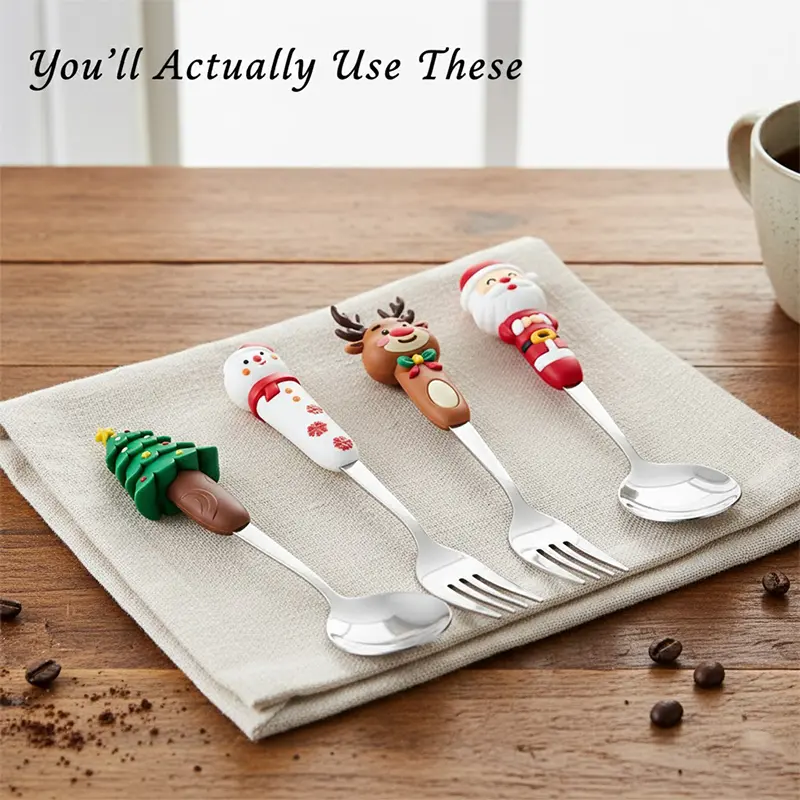 Christmas Dessert Spoon Fork Set with Gift Box | Gold Holiday Tableware | Kids Friendly Festive Cutlery | Xmas Party Table Setting Decoration tiktokshopspringglowup Utensils Stainless Steel