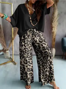 【Plus Size】Top & Leopard Print Wide Leg Pants Two-Piece Set, Casual Fashion Cozy Top & Pants for Daily Outdoor Wear, Women's Two-Piece for All Seasons, Casual Summer Set, Clothes