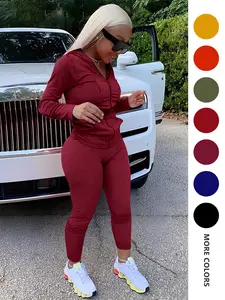 Two-piece Set Women's Solid Zip Up Drawstring Hoodie & Elastic Waist Skinny Pants Set, Long Sleeve Pocket Hooded Outerwear & Trousers, Comfort Lounge Clothes Set Womenswear, Casual Matching Set, Yoga Sets, Fall outfit