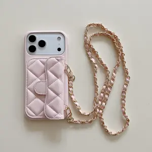 Cherry Pink Quilted Chain Crossbody Smartphone Casing with Card Slot, Button Closure, Leather Hard Cover, Metal Adjustable Strap - Customized Protection for iPhone 17 Pro Max, 16, 15, 14, 13 Devices, Handheld Cellphone Accessories
