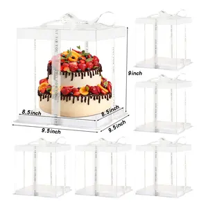 7" X 7" X 8" Transparent Cake Box for 4" & 5" Cakes, 6 Pcs with Ribbon, Clear Display Boxes with White Lid for Parties & Events, Sturdy Bakeware for Pastries & Gifts