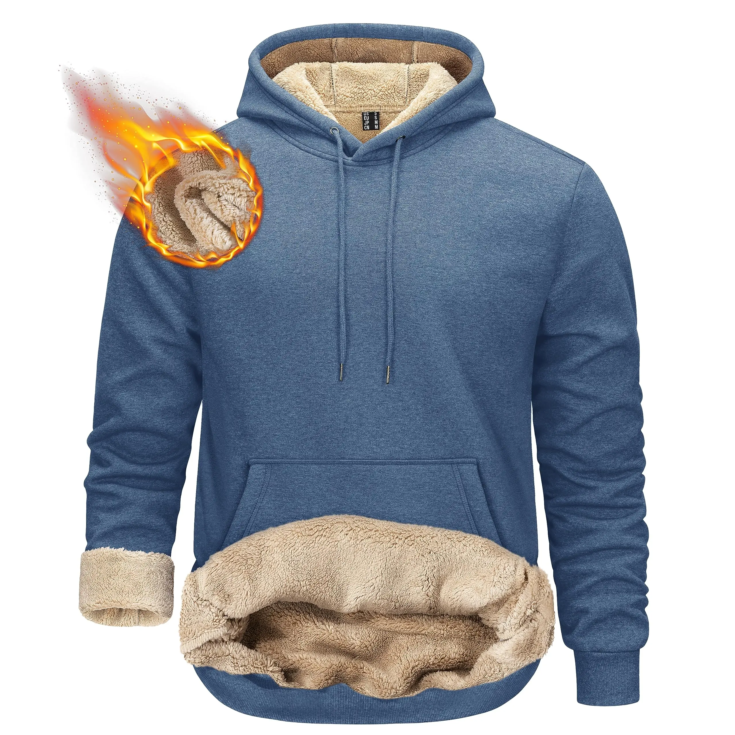 Men's Sherpa Lined Long Sleeve Sports Hoodies - Winter Warm Fleece Hooded Sweatshirts, Plain Shell, Thermal Thick Heavyweight, Windproof, Kangaroo Pocket, Hem Detail, Athletic Casual Pullover, Cotton