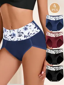QUASTI 4 Pack Women’s High Waist Floral Panties, Breathable Fashion Briefs & Soft Stretch Underwear with Elegant Lace Pattern, Comfortable Everyday Lingerie, S-XXL
