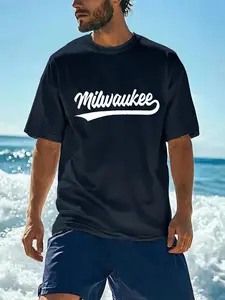 Men's Milwaukee Print Summer Casual T-Shirt, Breathable Comfortable Short Sleeve Fitted Top for Holiday, Stylish Relaxed Fit for All Seasons