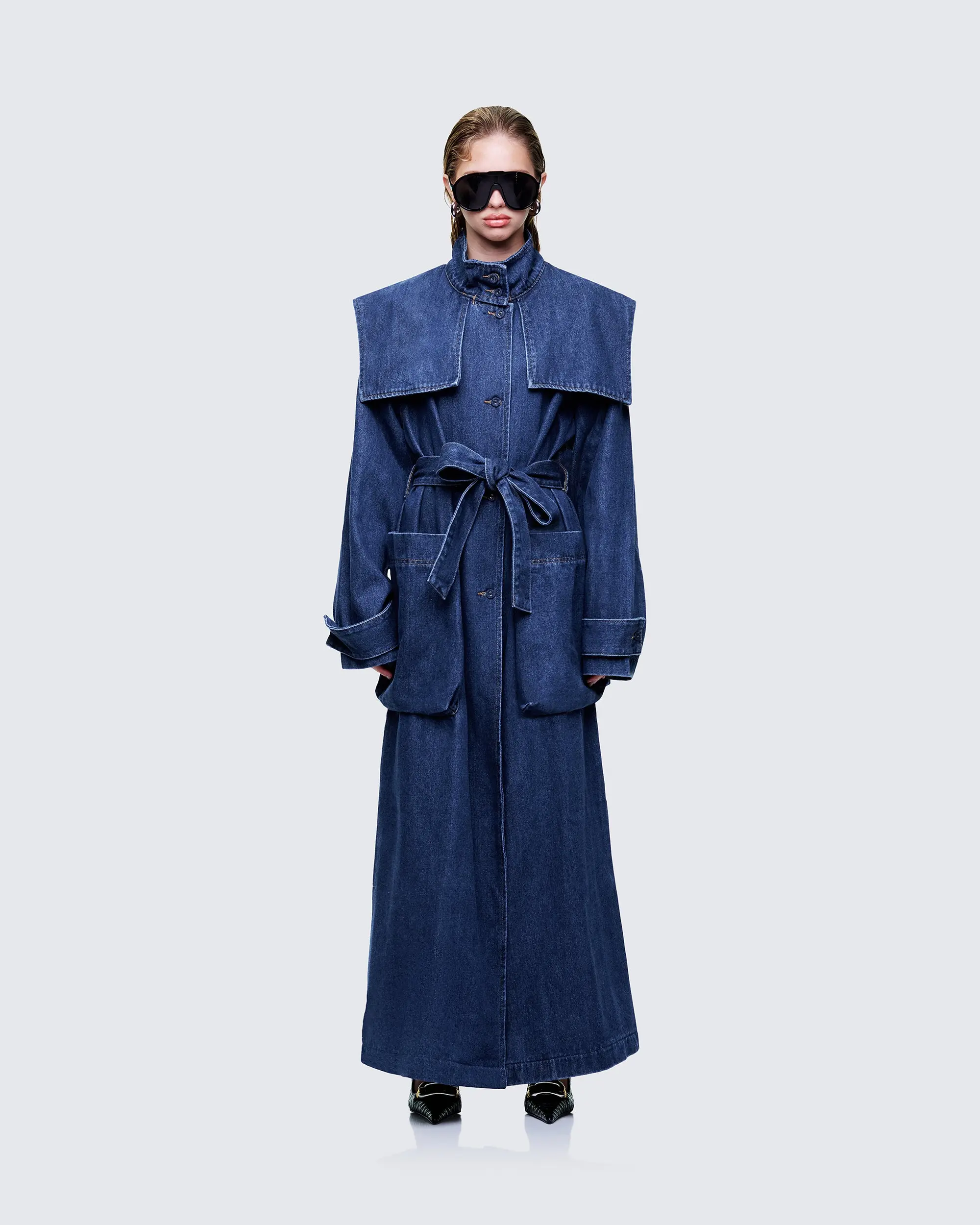 Women's Siaz Blue Belted Cotton Cape Denim Maxi Jacket Tops - Polyester-Blend Clothes, Street Style Outerwear, Street Style Vibes, Denim Jacket