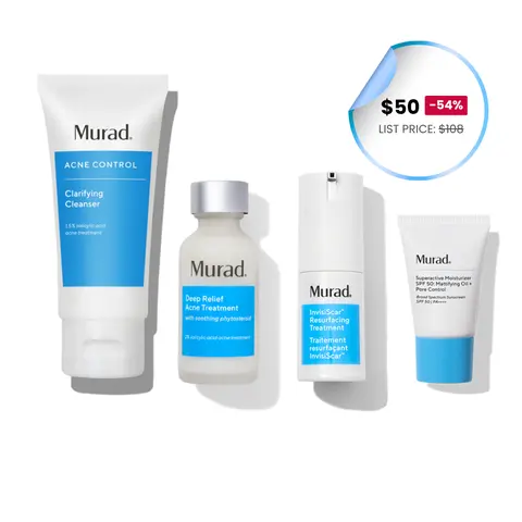 Murad Full Size 30-Day InvisiScar Skin Kit - Amino Acid Acne Control Cleanser, Vitamin C Resurfacing Treatment, Mattifying Oil & Pore Control Moisturizer SPF 50, Discoloration Dark Spot Remover for Combination Blemish Prone Skin (0.7/0.5/0.33/1.0 fl. oz.)
