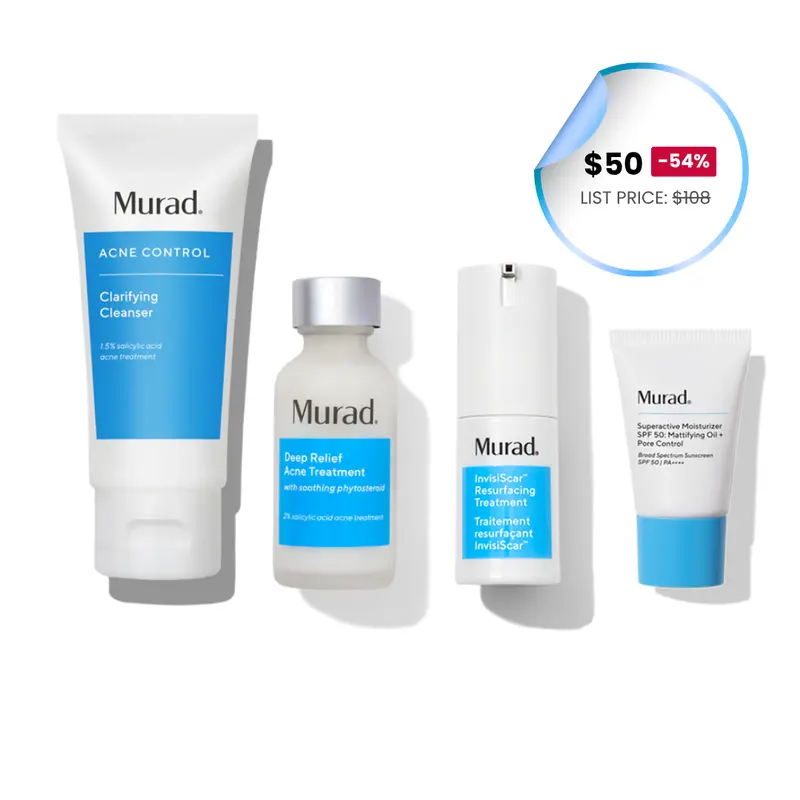 Murad Full Size 30-Day InvisiScar Skin Kit - Amino Acid Acne Control Cleanser, Vitamin C Resurfacing Treatment, Mattifying Oil & Pore Control Moisturizer SPF 50, Discoloration Dark Spot Remover for Combination Blemish Prone Skin (0.7/0.5/0.33/1.0 fl. oz.)