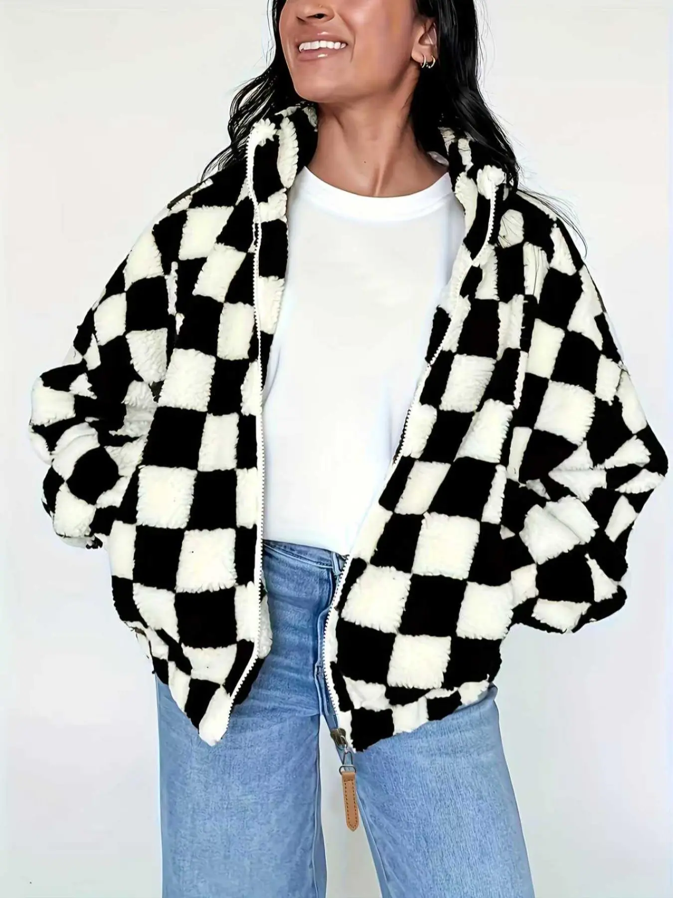 Long Sleeve Plaid Checkered Hooded Zipper Pocket Loose Warm Casual Style Outerwear Coats, Trendy Jacket for Leisure and Parties, Womenswear, Casual Outdoor Jacket, Everyday Jackets