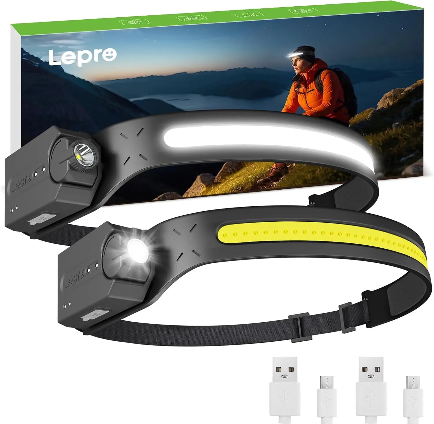 LEPRO Durable Headlamp - Rechargeable LED High Lumen Flashlight, 350-Lumen, 230° Wide Beam, Adjustable Spotlight, Dual Beam, Motion Sensor, 5 Modes, Waterproof, Extended Runtime, Compact Portable Handheld Headlamps for Camping, Running