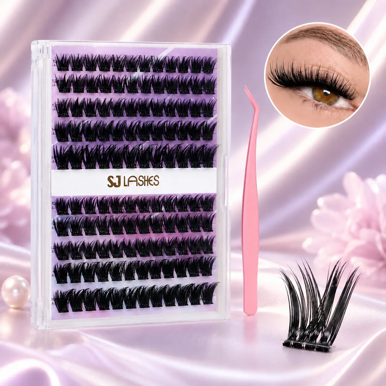 SJ LASHES Fox Eye Lash Clusters Kit 120 Pcs Self Adhesive Eyelashes 10-16mm W-Shape No Glue Reusable Press On Lashes for Almond Lifted Look