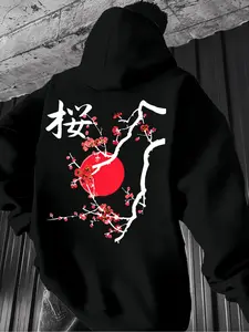 Men's Thick Casual Graphic Hoodie with Floral Cherry Tree Print, Regular Fit Streetwear Long Sleeve Pullover, Drawstring Pocket, Fall & Winter Fashion