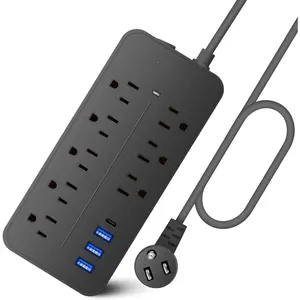 10FT Surge Protector Power Strip Extension Cord,  ETL Listed Flat Plug Power Strip with Long Cord, 8 Outlets and 3 USB A & 1 USB-C Port, 1700J Wall Mount Desk Black