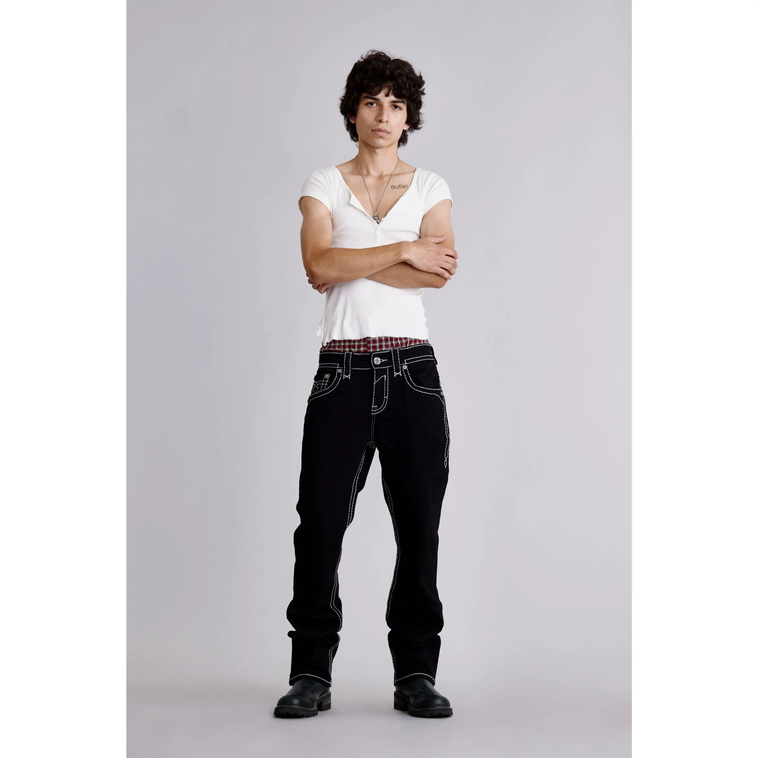 Rock Revival Men's Titan Relaxed Straight Black Wash Stretch Denim Jeans - Embroidered, Custom Hardware, Leather Accents, Pewter Metal, Casual Menswear Bottoms, Clothes