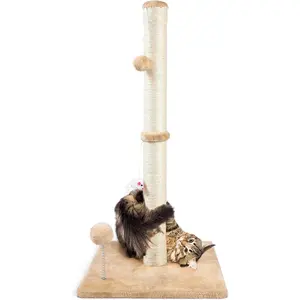 32” Tall Cat Scratching Post for Indoor Cats – Heavy Duty Sisal Cat Scratcher Tower with Plush Toys & Stable Base for Kittens & Adult Cats (Beige)