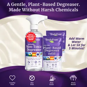 Truly Free Plant-Based Degreaser Kit - Non-Toxic, Gentle Formula for Everyday Kitchen Grease, Reusable Bottle + 2 Concentrate Refill Packs - Must Use Warm/Hot Water, Shake Well & Wait 3-5 Min for Best Results