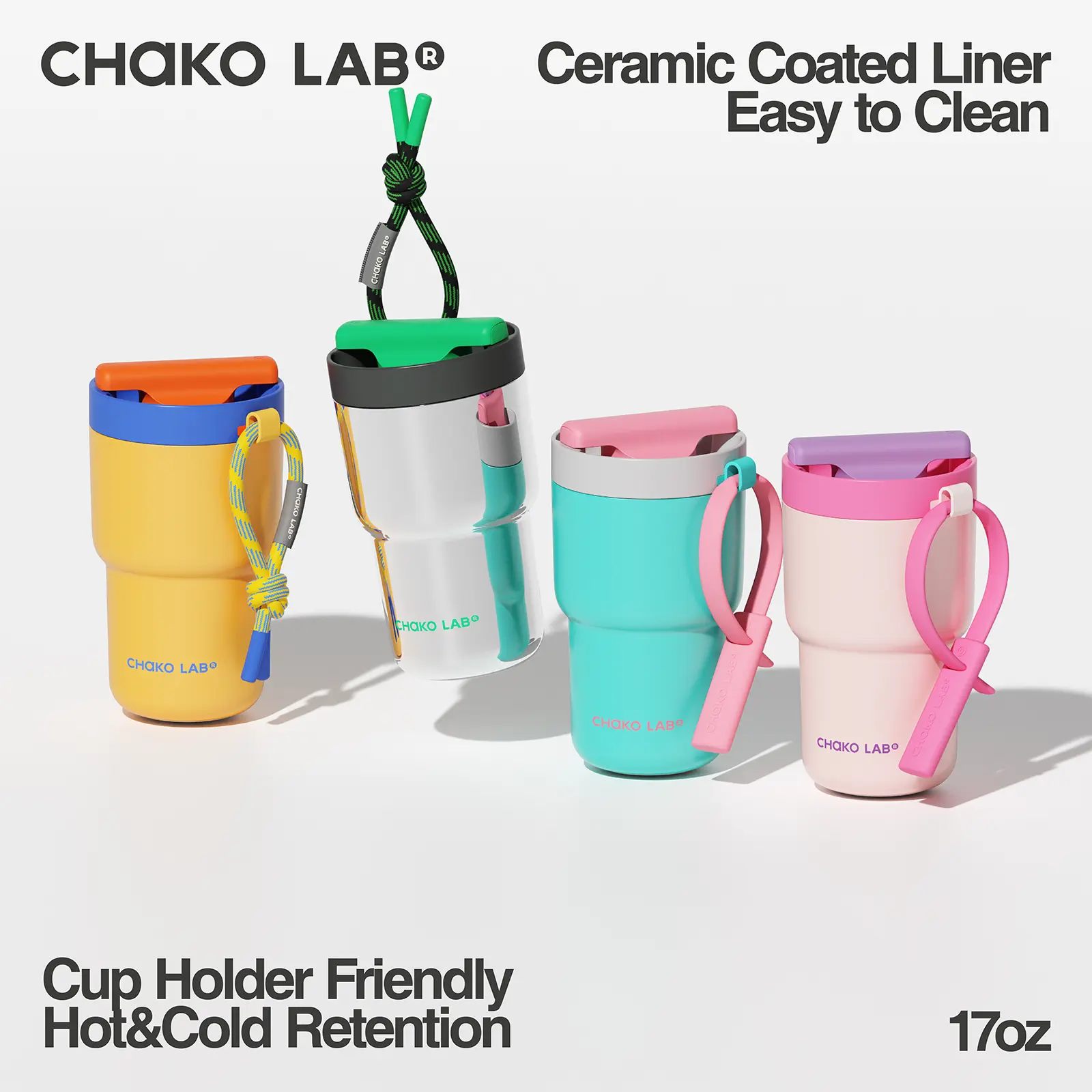 CHaKO LAB 530ml Vacuum Insulated Flask - Ceramic-Lined Coffee Tumbler with Silicone Components, Removable Strap, Heat-Resistant, Leak-Proof, Patchwork Design for Daily Use, Beverage Preservation