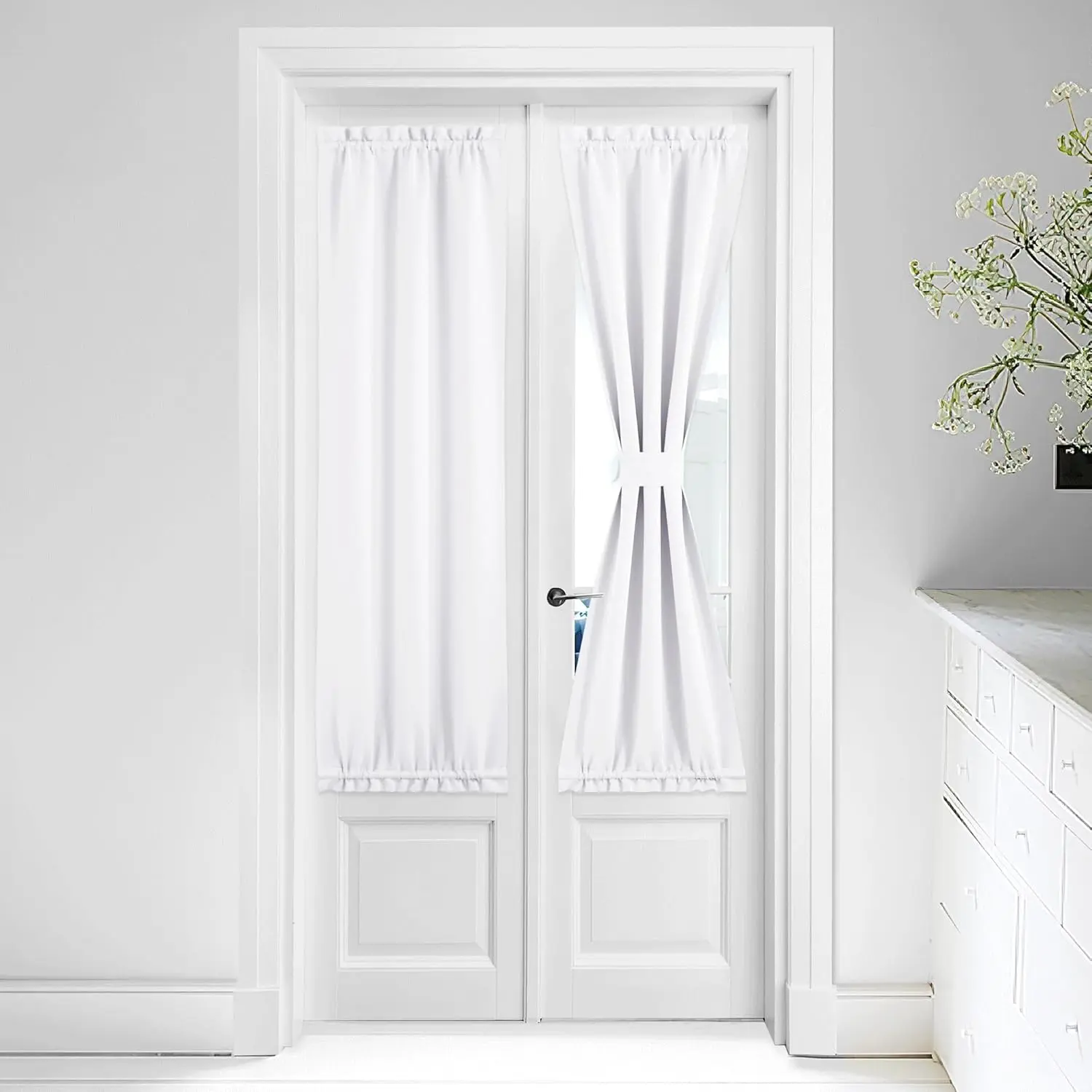 NICETOWN 1 Piece Thermal Door Blinds for Living Room Window, Privacy Room Darkening Insulated French Door Curtains for Kitchen Patio Sidelight Curtains with Tieback, 25" W x 64" L, Greyish White