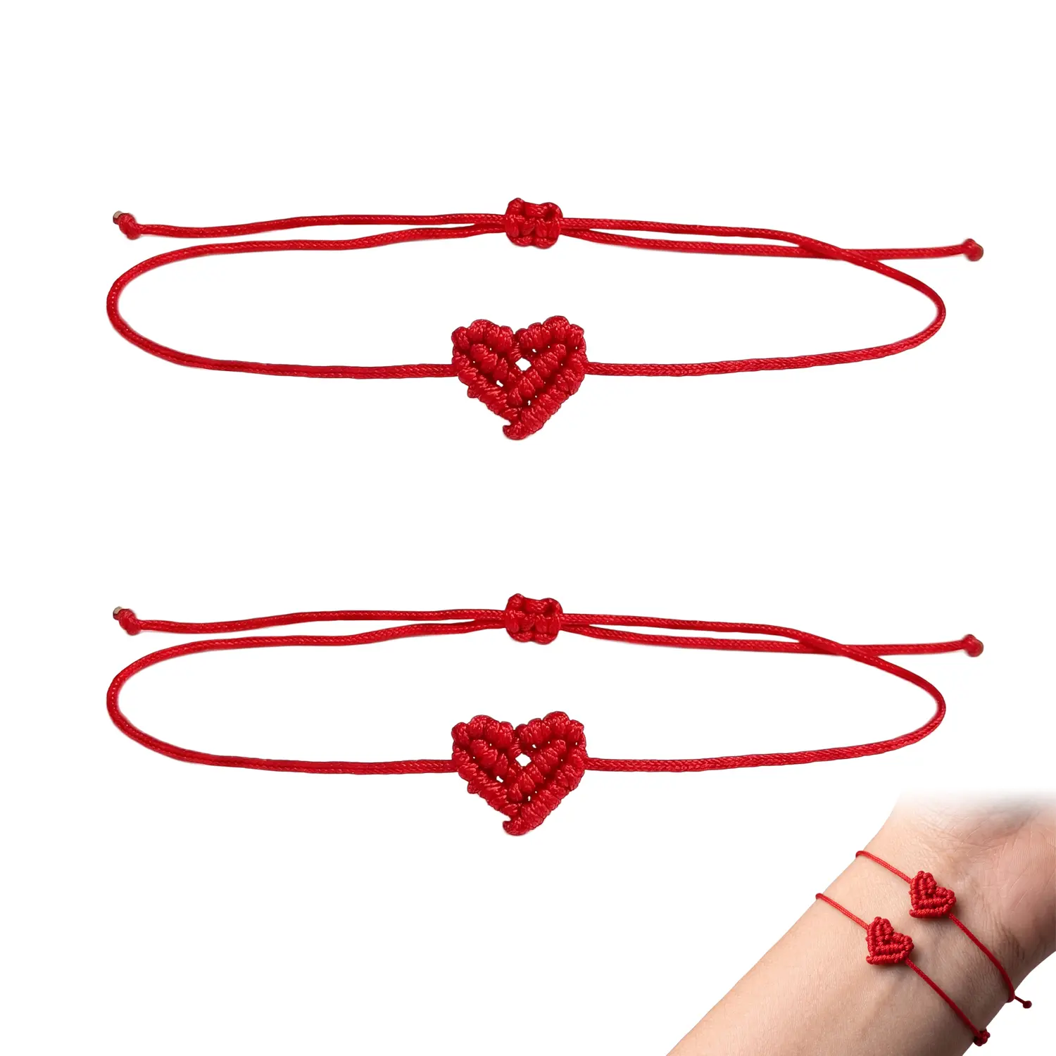 EMPTAN 2pcs Adjustable Heart-Shaped Woven Bracelets, Handmade Red String Woven Heart Friendship Bracelets, Lucky Red Heart Design Bracelet for Women Men Couples, Minimalist Matching Jewelry Gifts
