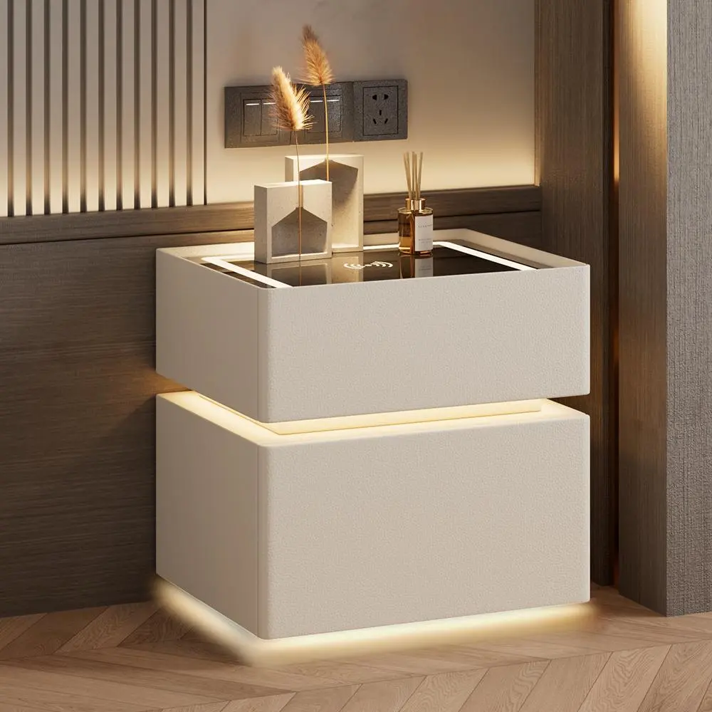 Solid Wood Bedside Table with Leather Top & Wood Base - 2 Drawers, Spacious Thick Design - Freestanding, No Installation Required - White/Gray/Black Indoor Furniture Table