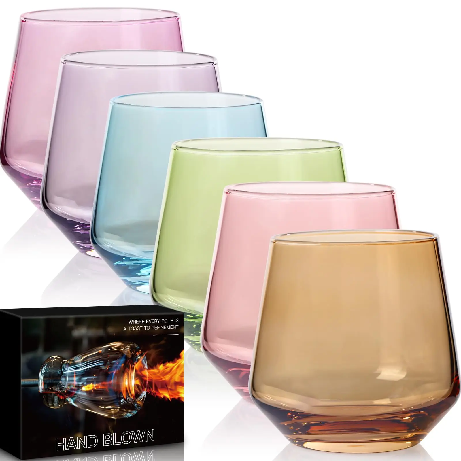 Physkoa Colored Glass Cups Set - 6 Diamond-Shape Stemless Premium Durable Glassware, 500ml Short Tumblers with Stemless Elegance, Decorative Drinkware for Table, Elevates Thanksgiving Table Style