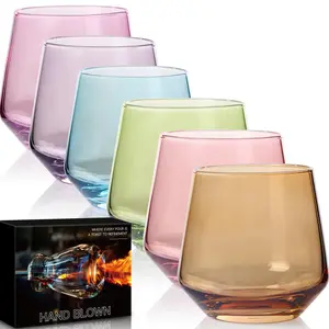 Physkoa Colored Stemless Wine Glasses Set of 6, Diamond Shaped Cocktail Glass, Colorful Short Tumblers - Perfect for Christmas Drinkware
