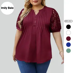 Imily Bela 【L-4XL】Women's Plus Size Henley T Shirt Summer Lace Sleeve Tees Casual Pleated Flowy Tunic Tops