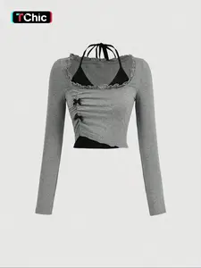 Women's 2 in 1 Bow Decor Frill Halter Tee, Y2K Trendy Casual Tie Back Long Sleeve T-shirt for Fall & Winter, Women's Clothes for Daily Wear, Lady Top