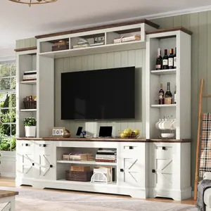 [Memorialday]【Ships in 2 Boxes】AMERLIFE Farmhouse 98" Wall Unit TV Stand with Storage Cabinets for TVs up to 78", Large Entertainment Center with Bookshelves & Power Outlets, Wine Display Cabinet with Barn Door, Living Room