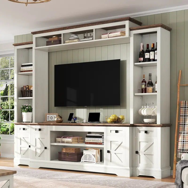 【Ships in 2 Boxes】AMERLIFE Farmhouse 98" Wall Unit TV Stand with Storage Cabinets for TVs up to 78", Large Entertainment Center with Bookshelves & Power Outlets, Wine Display Cabinet with Barn Door, Living Room