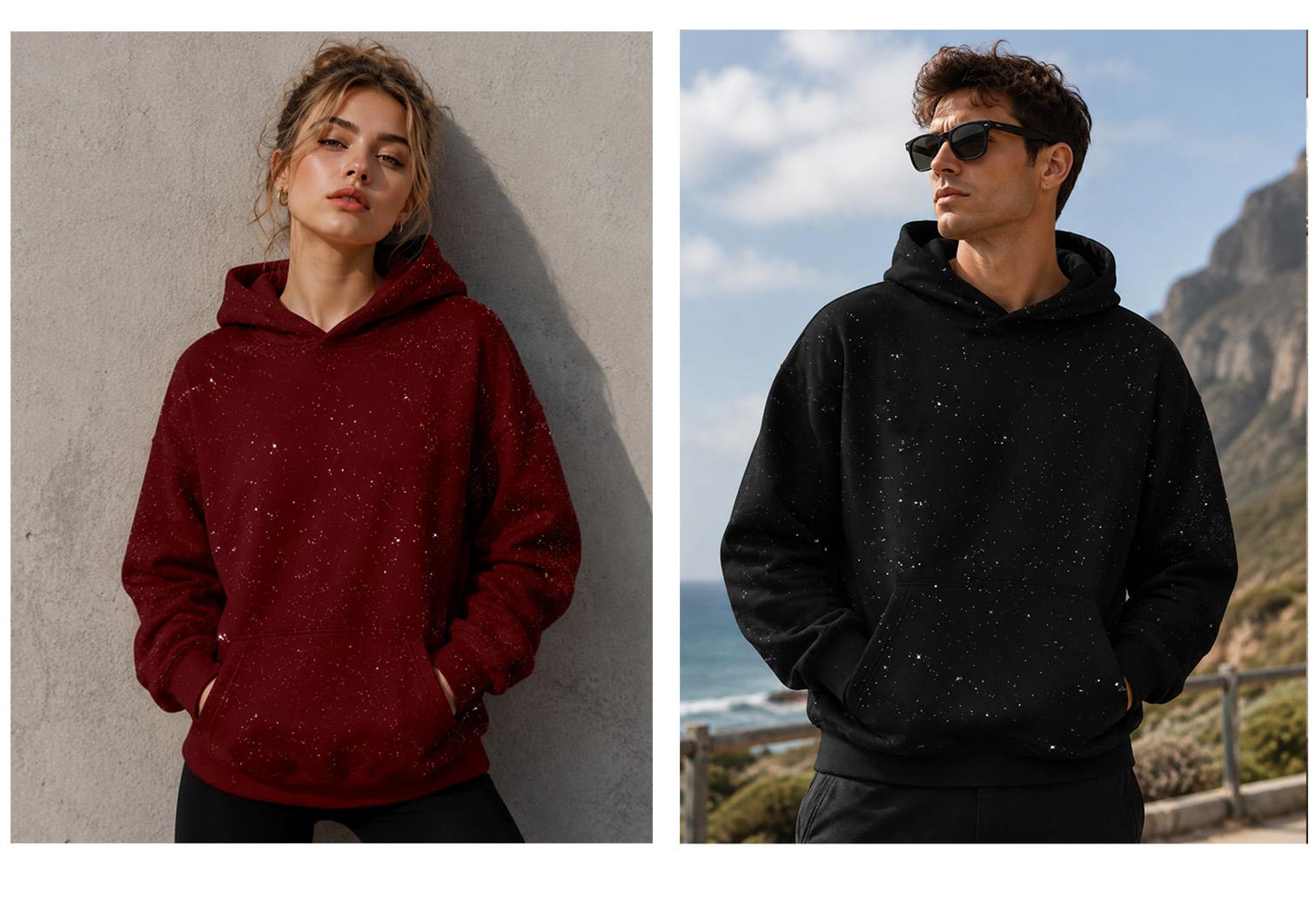 TELLFUN--Sequined Pullover Hoodie - Fashionable Casual Long-Sleeved Menswear Top with Pockets, Loose-Fitting Y2K Galaxy Sweatshirt for Autumn & Winter