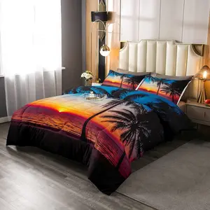 Luxury Ocean Beach Themed Bedding Set - Tropical Palm Trees Sunset Designer Comforter, Peaceful Sea Hawaii-Style Microfiber Duvet Set