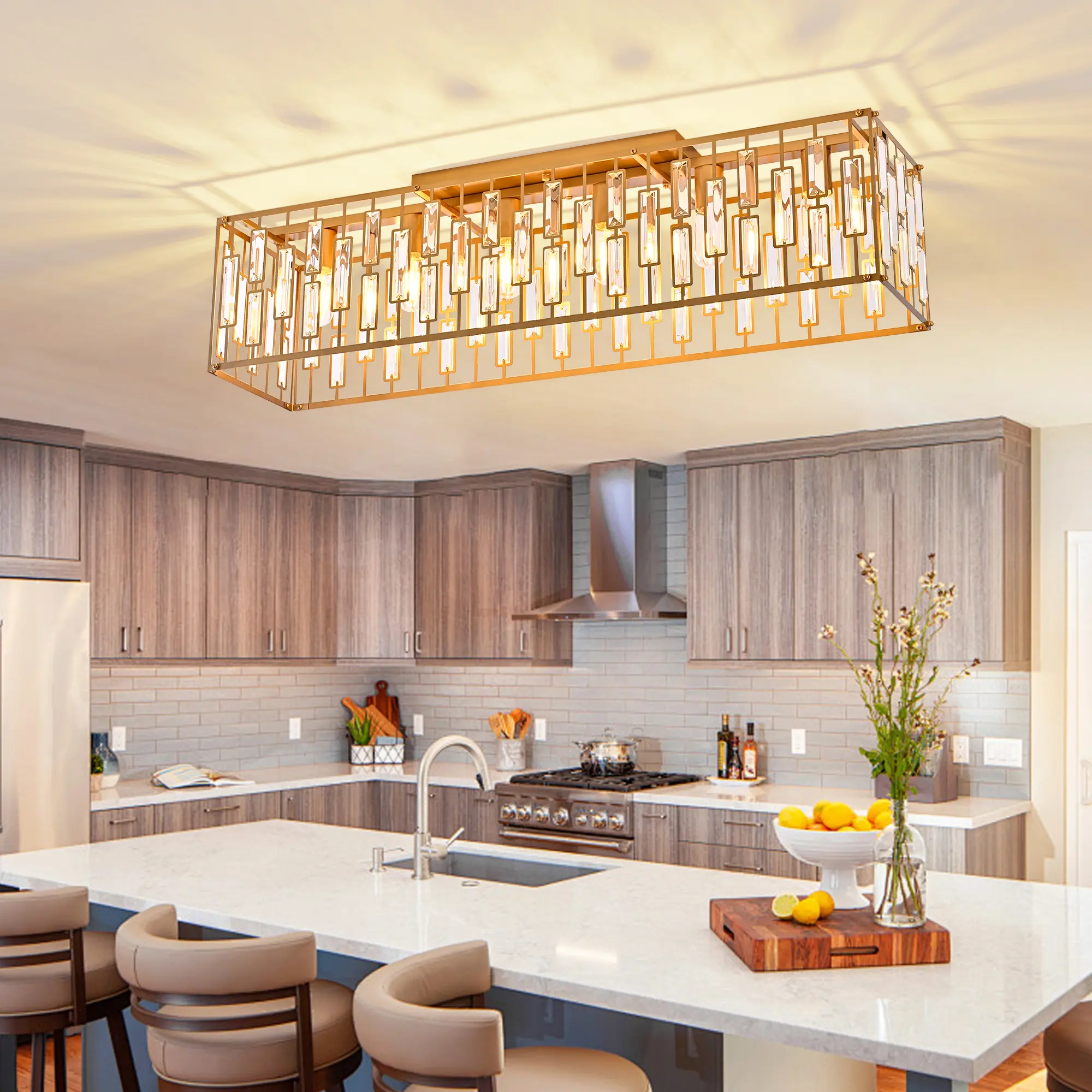 Garwarm 38.7 inch Gold Crystal Chandelier for Living Room, 6-Light Rectangle Flush Mount Ceiling Light Modern Chandeliers for Dining Room,Kitchen Chandeliers Over Table