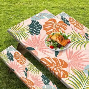 3pcs Set Boho Leaves Tropical Picnic Table Cover with Bench Covers Palm Leaf Camping Essentials Tablecloth with Drawstring Bag for Picnic Tables and Seats Indoor Outdoor