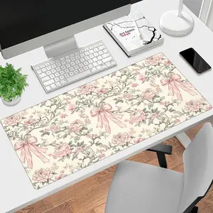 1pc Vintage Floral Pink Bow Large Gaming Mouse Pad | Smooth Keyboard Pad with Non-Slip Rubber Base, Suitable for Office and Home Use | Floral Design, Rubber Material, Cute Desk Accessories