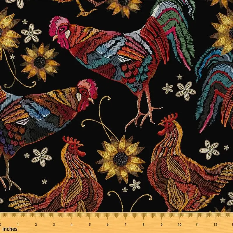 Chicken Print Fabric By The Yard,Farm Animals Upholstery Fabric for Chairs Sofa Couch,Botanial Sunflower Fabric,Waterproof,Red Black Yellow, Farm Animal Pattern, Waterproof Material