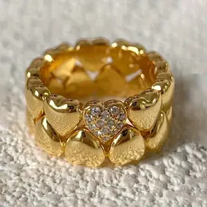 Vintage Double Layered Heart Golden Ring, Cubic Zirconia Women’s Jewelry, Daily & Party Gift