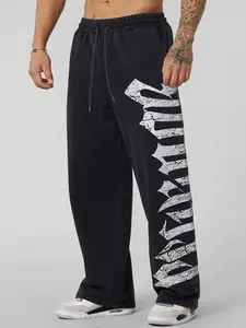 Vintage Geometric Letter Print Casual Lounge Pants, Loose Fit Street Style Straight Leg Long Pants, Comfortable Knit Fabric Fall & Winter Fashion for Men, Casual Fashion Bottoms