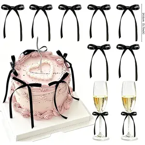 30 Pack Black Bow Cupcake Toppers Black Ribbon Bow Cake Topper for Graduation Birthday Baby Shower Wedding Engagement Bachelorette Party Decorations