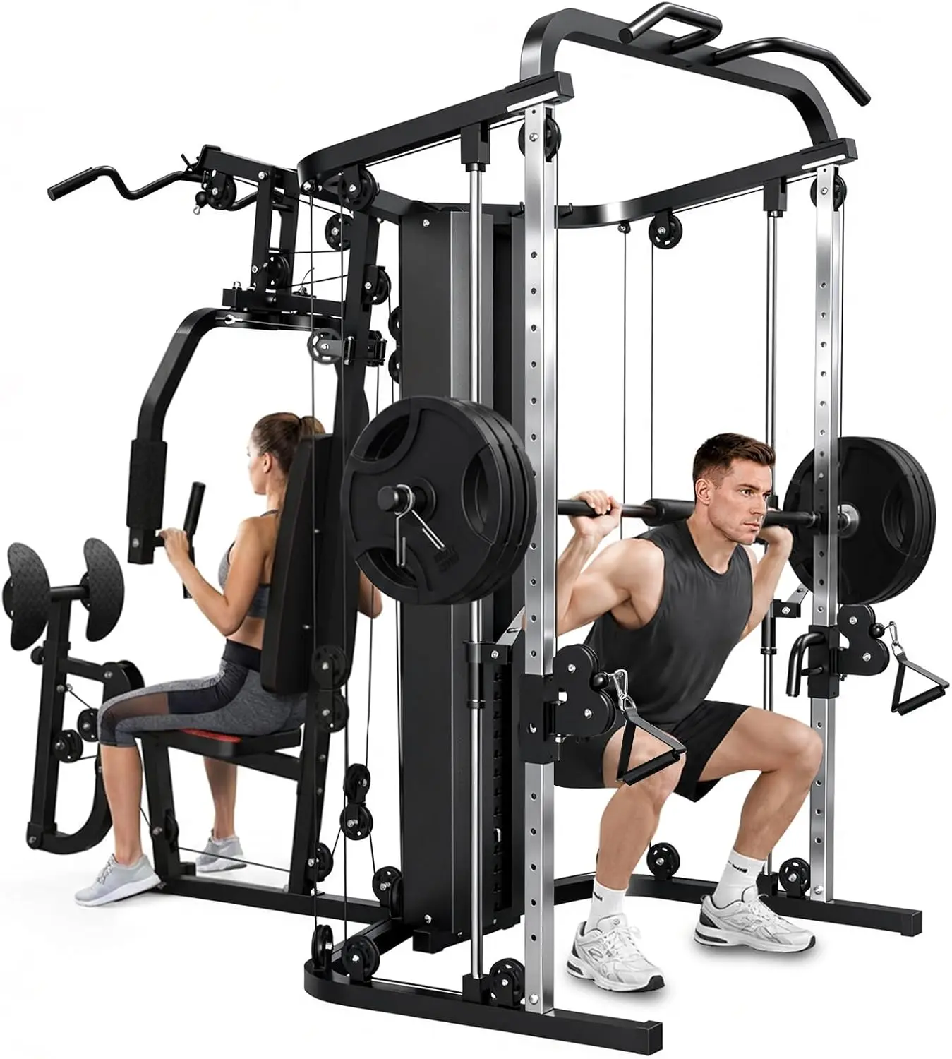 SunHome Multifunction Home Gym Equipment Workout Station, Smith Machine with 138LB Weight Stack, Leg Press, LAT Station for Full Body Training